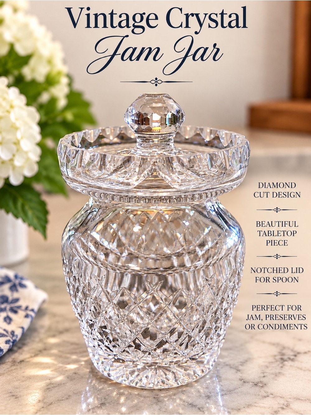Crystal Jam Jar / Jam Pot with Notched Lid | Vintage | Diamond Cut